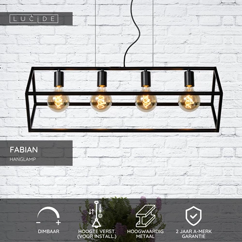 Lucide FABIAN - Hanglamp - 4xE27 - Zwart - USP